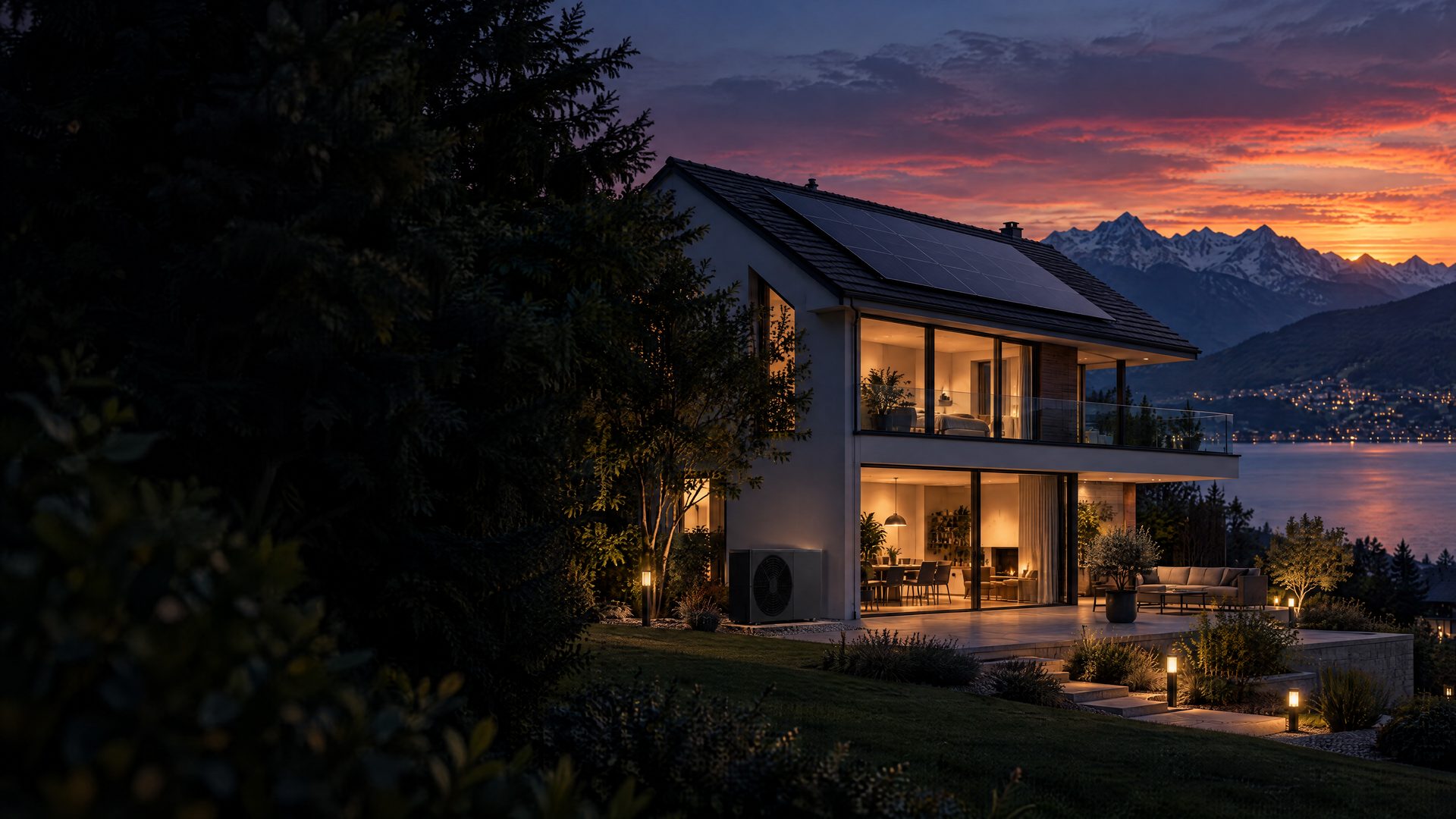 Einfamilienhaus mit Solaranlage auf dem Dach und Wärmepumpe an der Terrasse, dahinter See und Alpen im Abendlicht