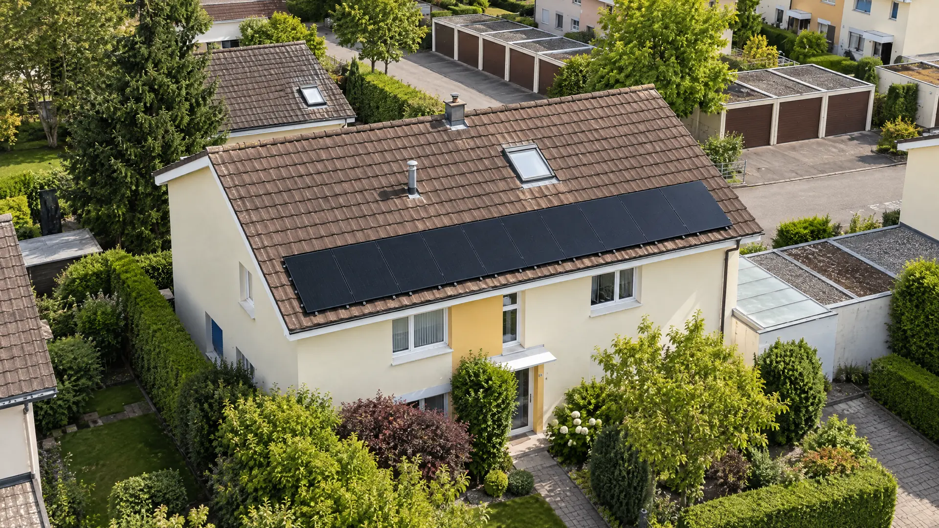 Photovoltaik-Anlage von AlpenEnergie aus der Vogelperspektive in Reinach