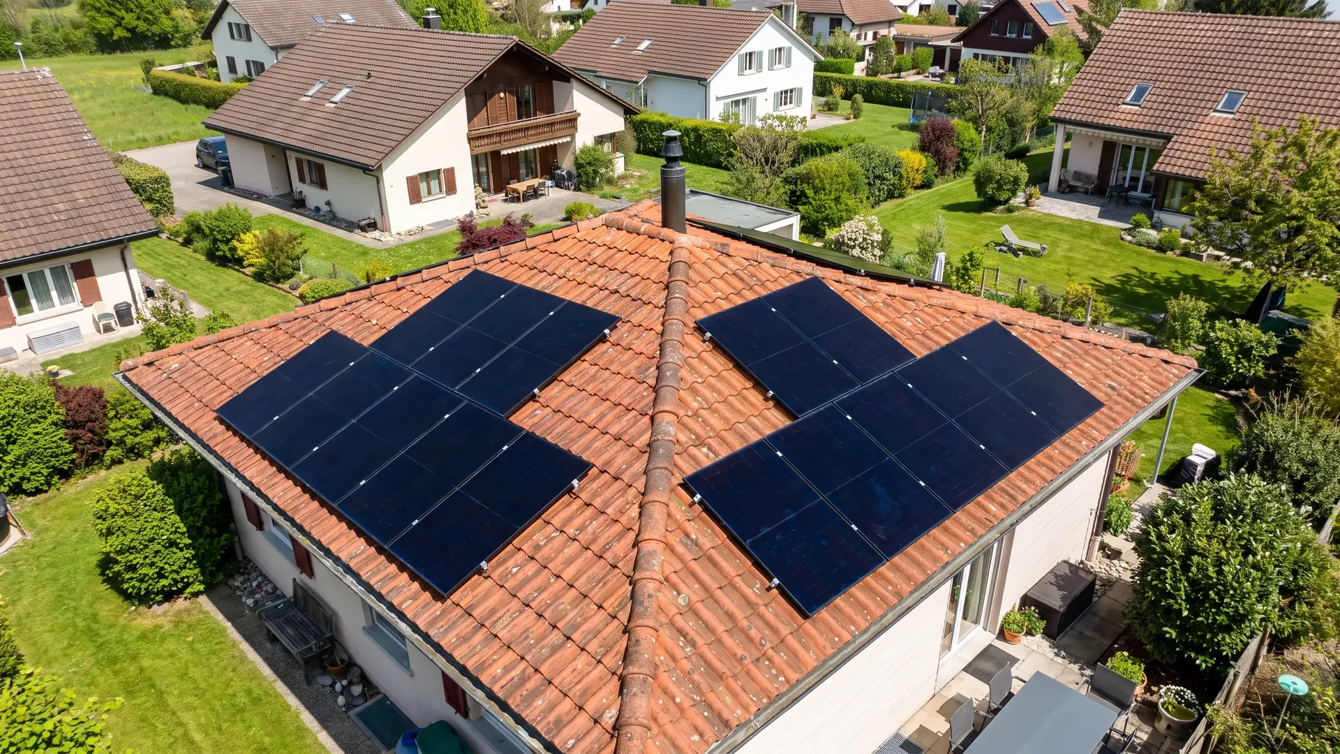 Photovoltaik-Anlage von AlpenEnergie aus der Vogelperspektive in Möhlin