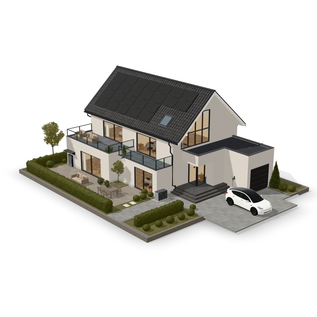 Haus mit Photovoltaik, Stromspeicher, Wärmepumpe, Wallbox und Elektroauto
