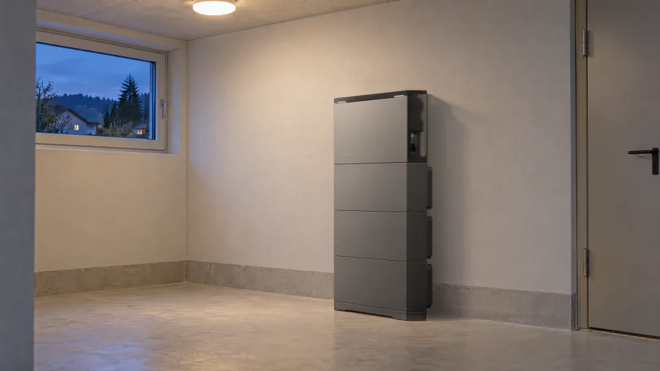 EcoFlow PowerOcean Stromspeicher im Technikraum eines Einfamilienhauses am Abend