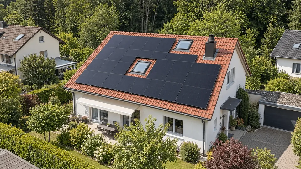 Weisses Einfamilienhaus mit roten Ziegeln und schwarzer Solaranlage rund um die Dachfenster, Drohnenblick im Sommer